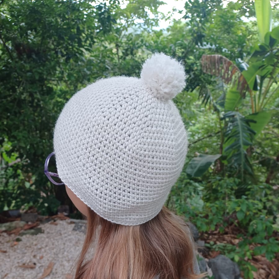 Cream pom-pom beanie — handmade crochet